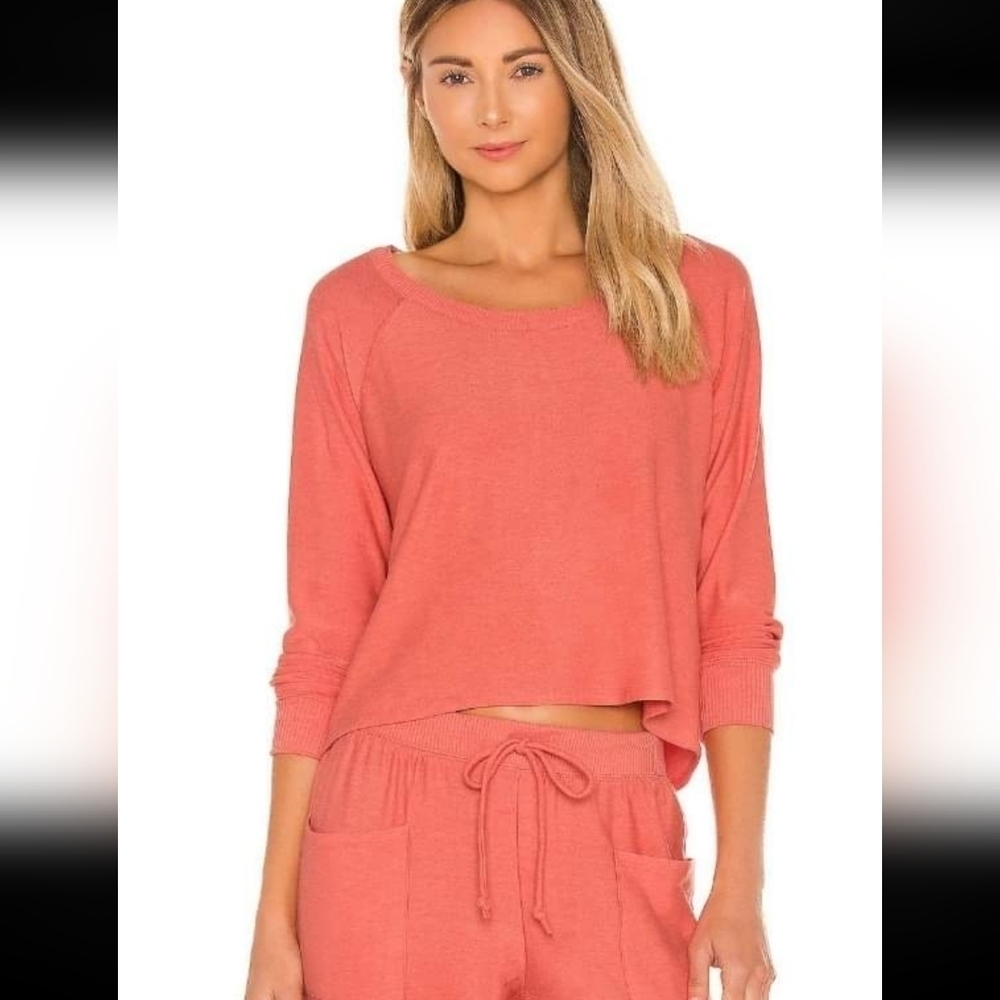 Chaser Cozy Knit Crewneck Pullover Raglan Hi-Lo Crop Top Medium Women Orange